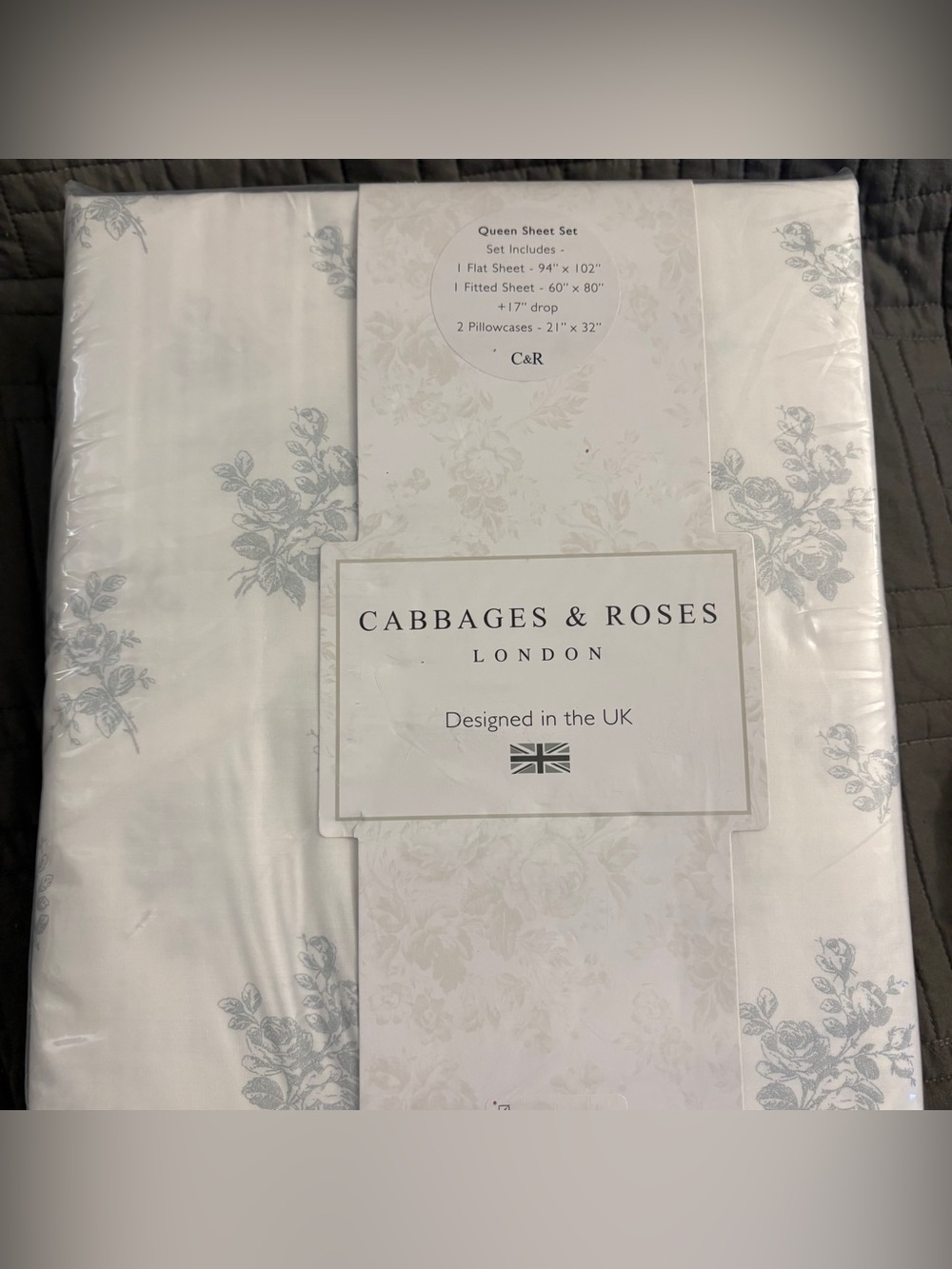 Cabbages & Roses LONDON Ditsy Floral - Mineral 4-Piece Queen Sheet Set NEW